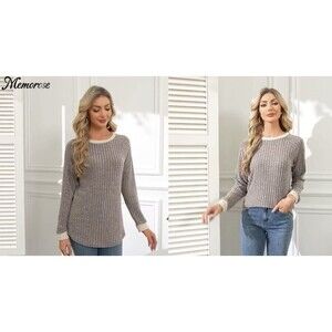 Memorose Women’s Gray Rib-Knit Crew Neck Raglan Sweater Contrast Trim M